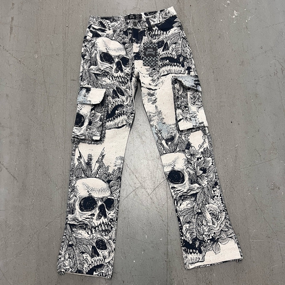 Rebel Vengeance Tapestry Cargo Jeans Mens Skull Skeleton Goth Streetwear Y2K‎ 30